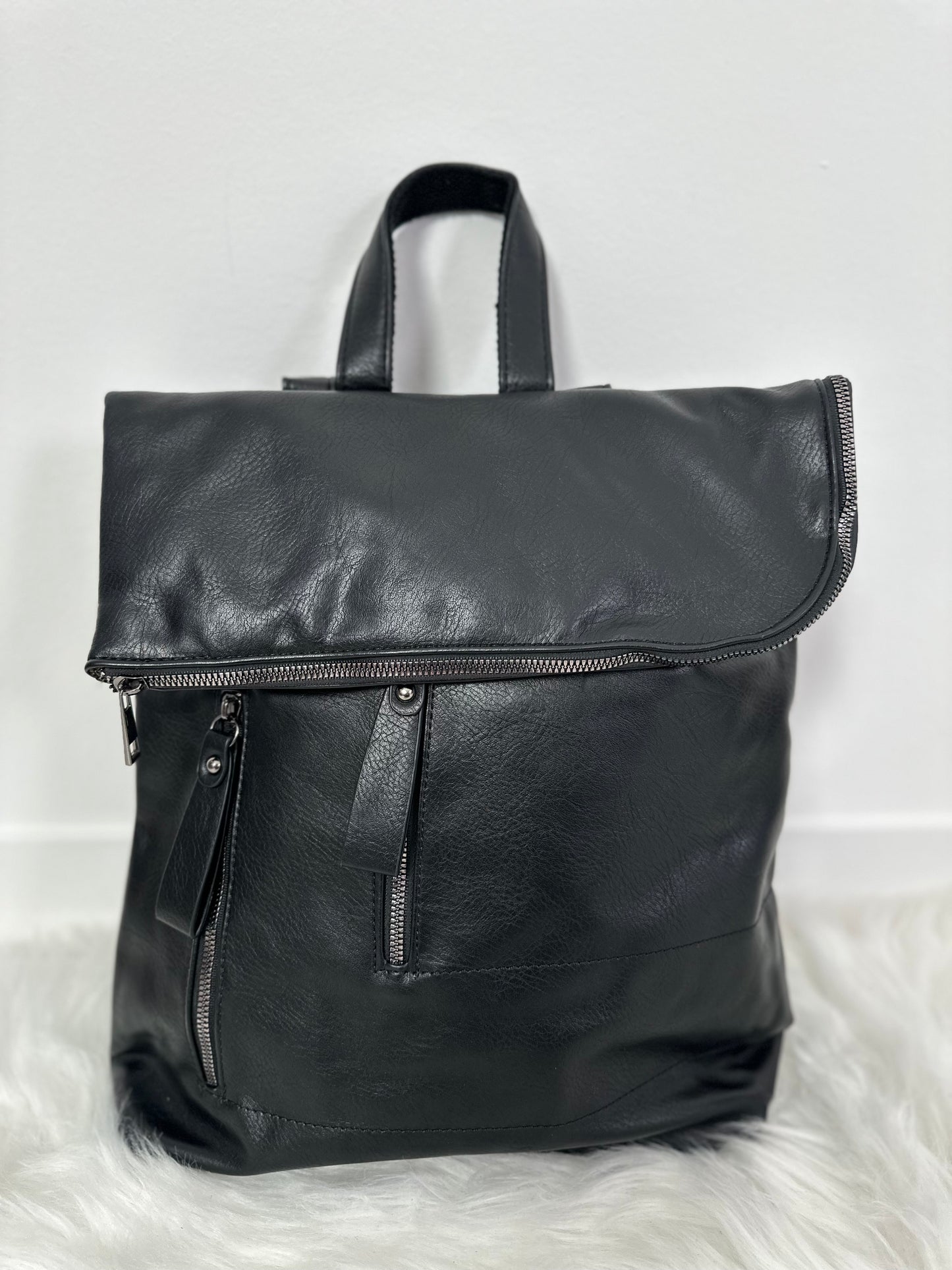 Leather-look backpack, model "City Fold" - black