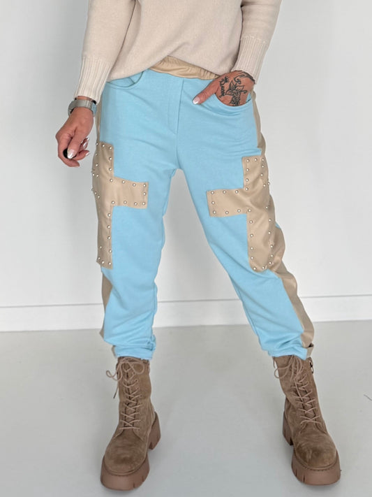 Sweathose im Materialmix - hellblau -beige