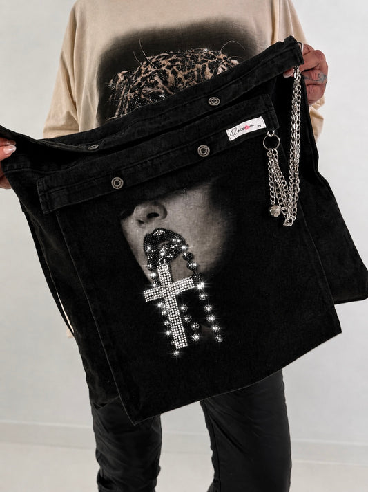 Stylische Tasche in Used-Jeansoptik und Strassmotiv Woman - schwarz