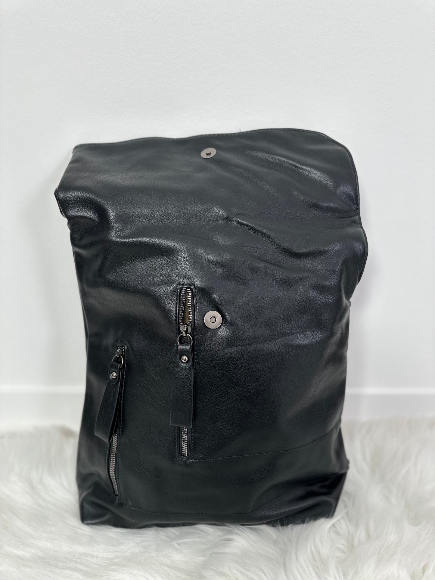 Leather-look backpack, model "City Fold" - black