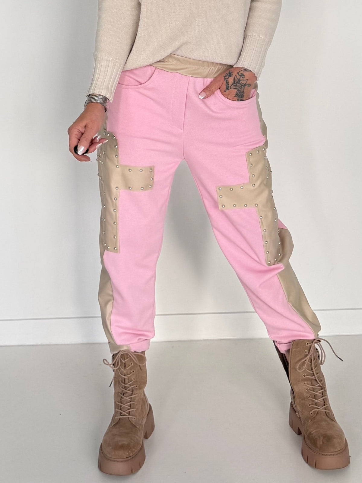 Sweathose im Materialmix - rosa-beige