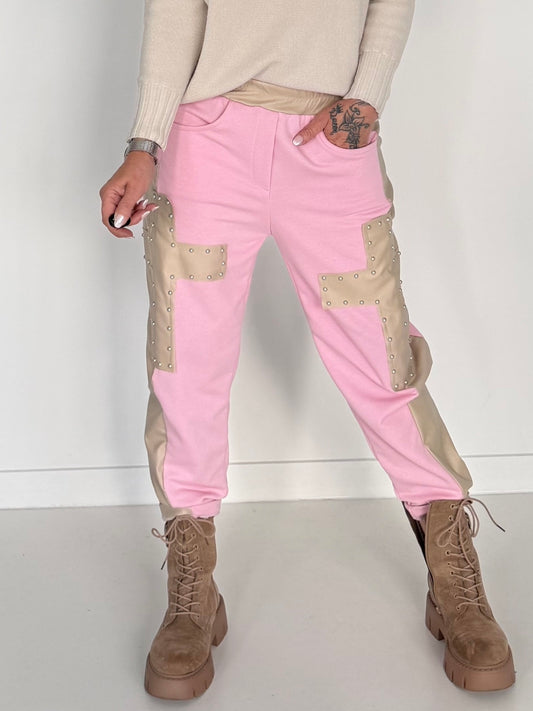 Sweathose im Materialmix - rosa-beige