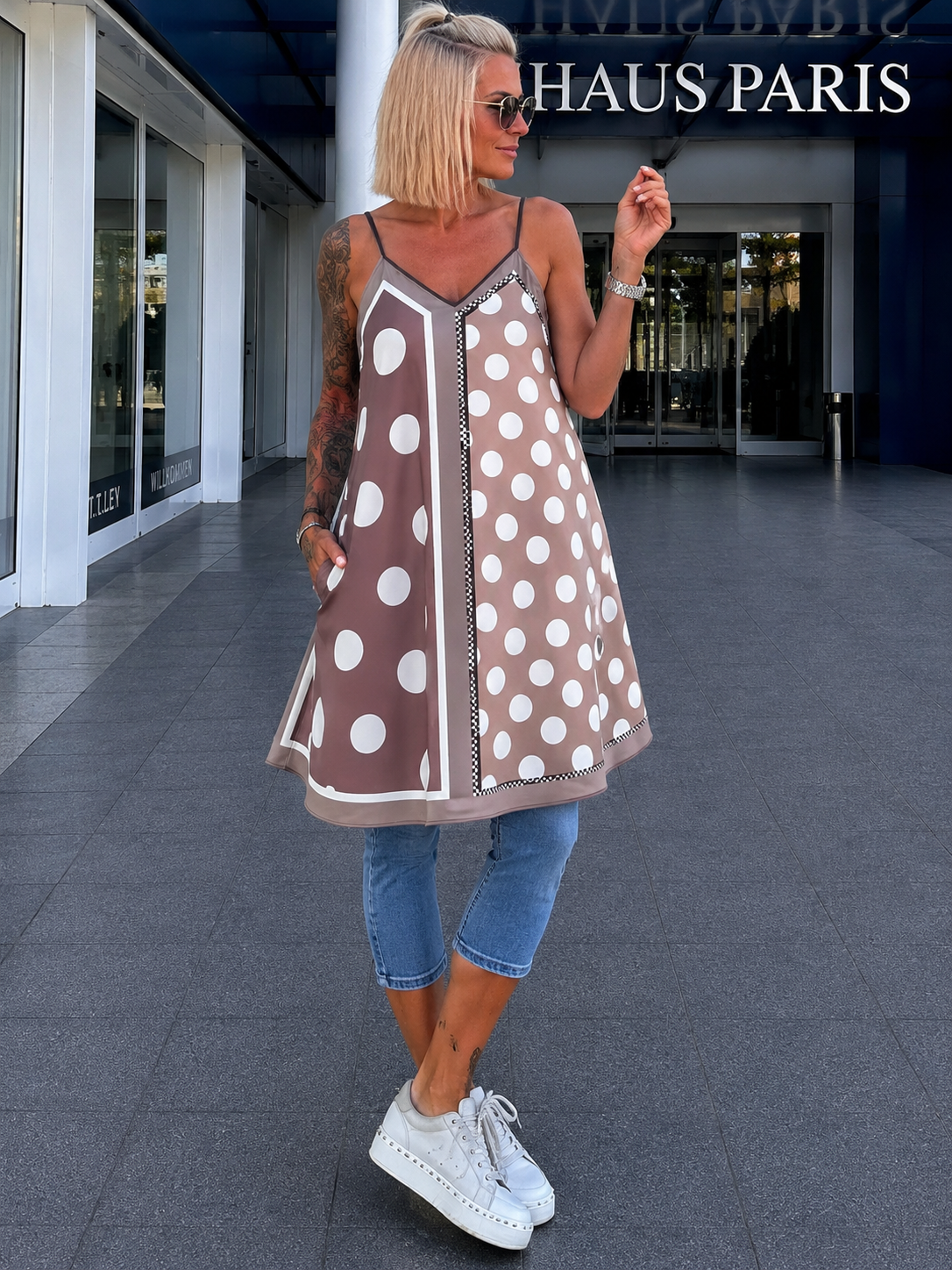Luftiges Long Top / Kleid mit Muster - taupe-mehrfarbig