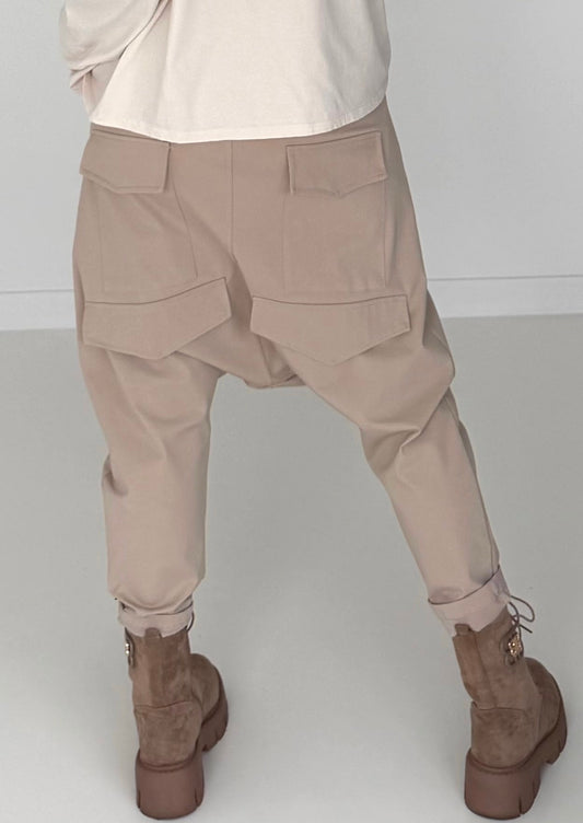 Baggy Hose mit Patten - beige