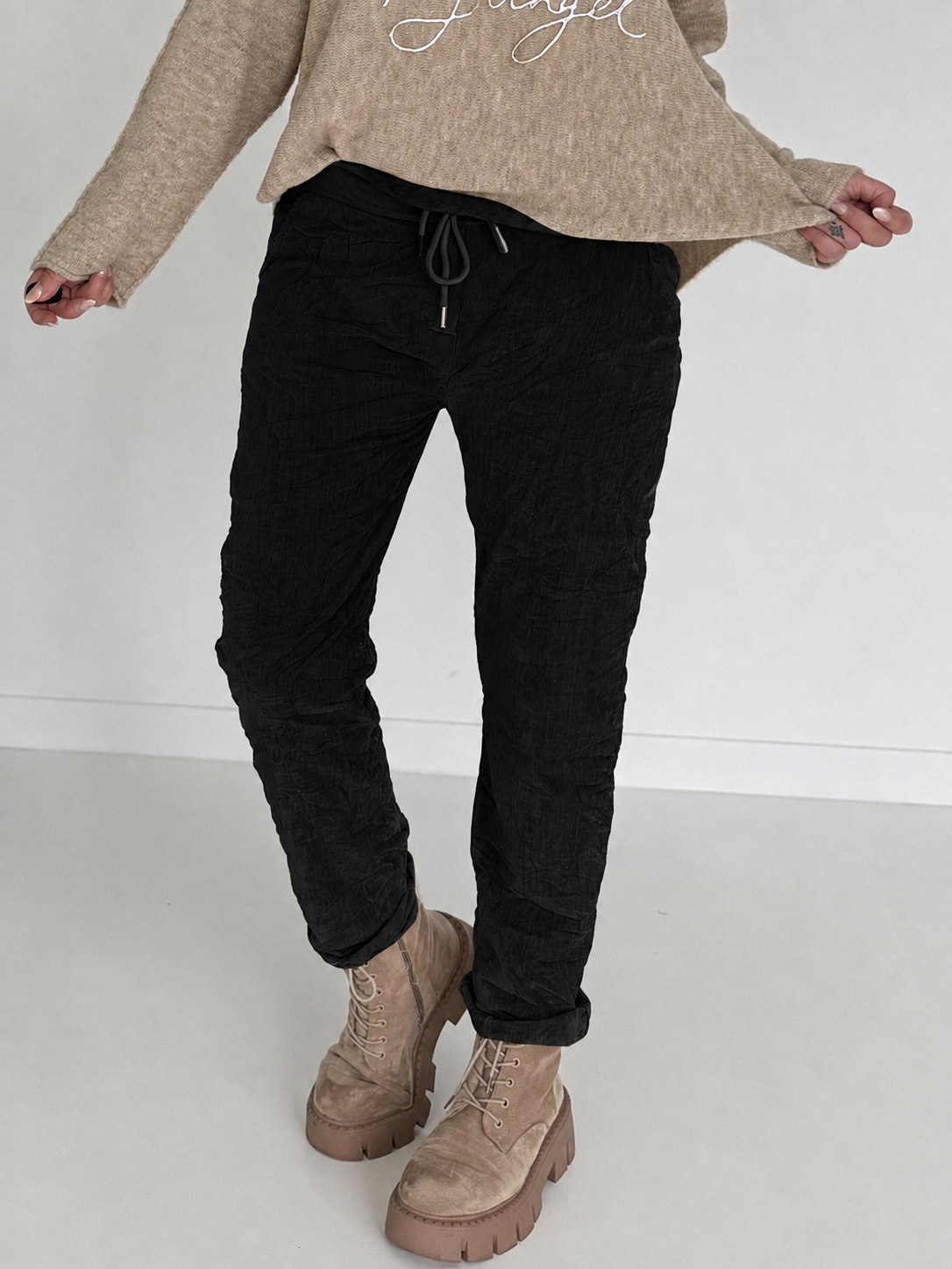 Broek in knit-look met elastische tailleband - zwart