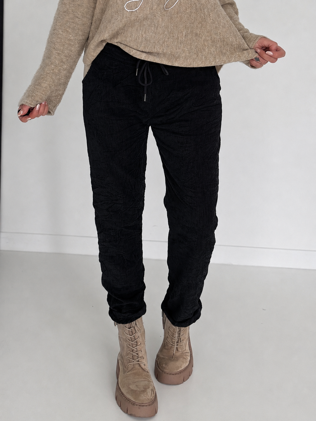 Broek in knit-look met elastische tailleband - zwart
