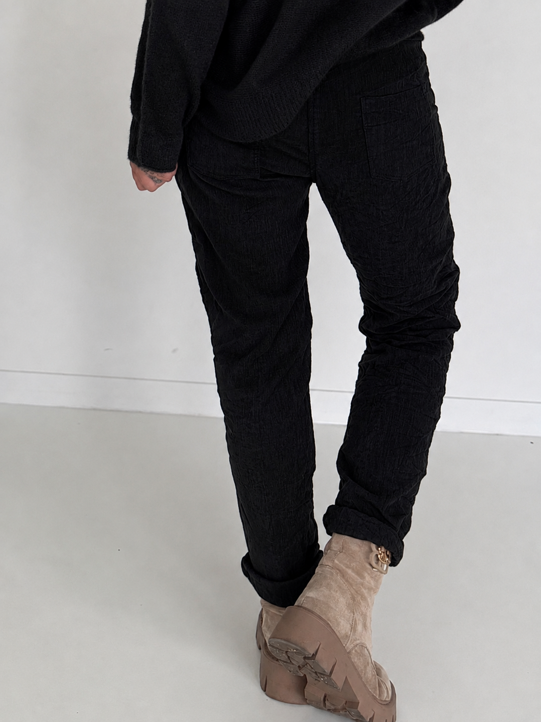 Broek in knit-look met elastische tailleband - zwart