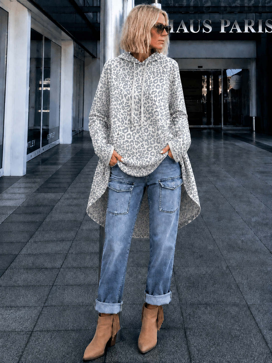 Lässiger Leo Long Hoodie mit Daumenloch - beige