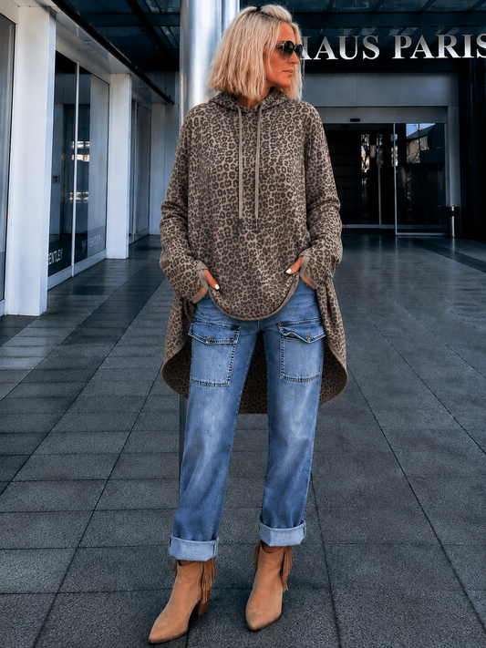 Lässiger Leo Long Hoodie mit Daumenloch  - mokka
