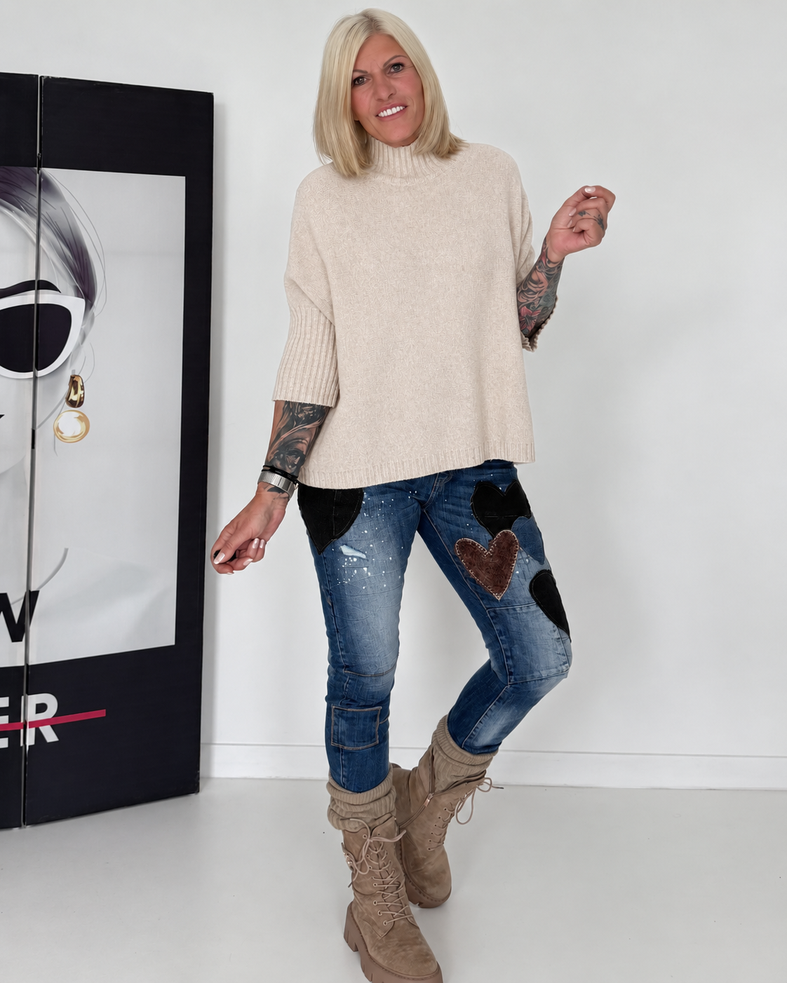 Strickpullover mit Turtleneck - beige