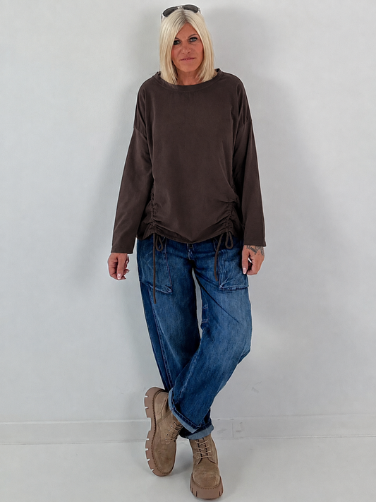 Feinkord Shirt mit Sweati Armen und Rücken - mokka