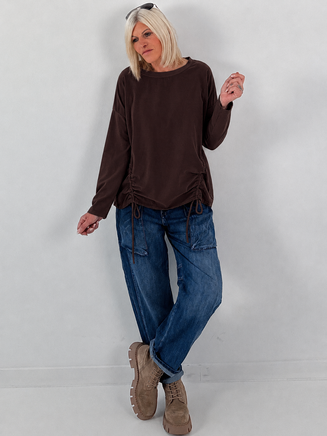 Feinkord Shirt mit Sweati Armen und Rücken - mokka