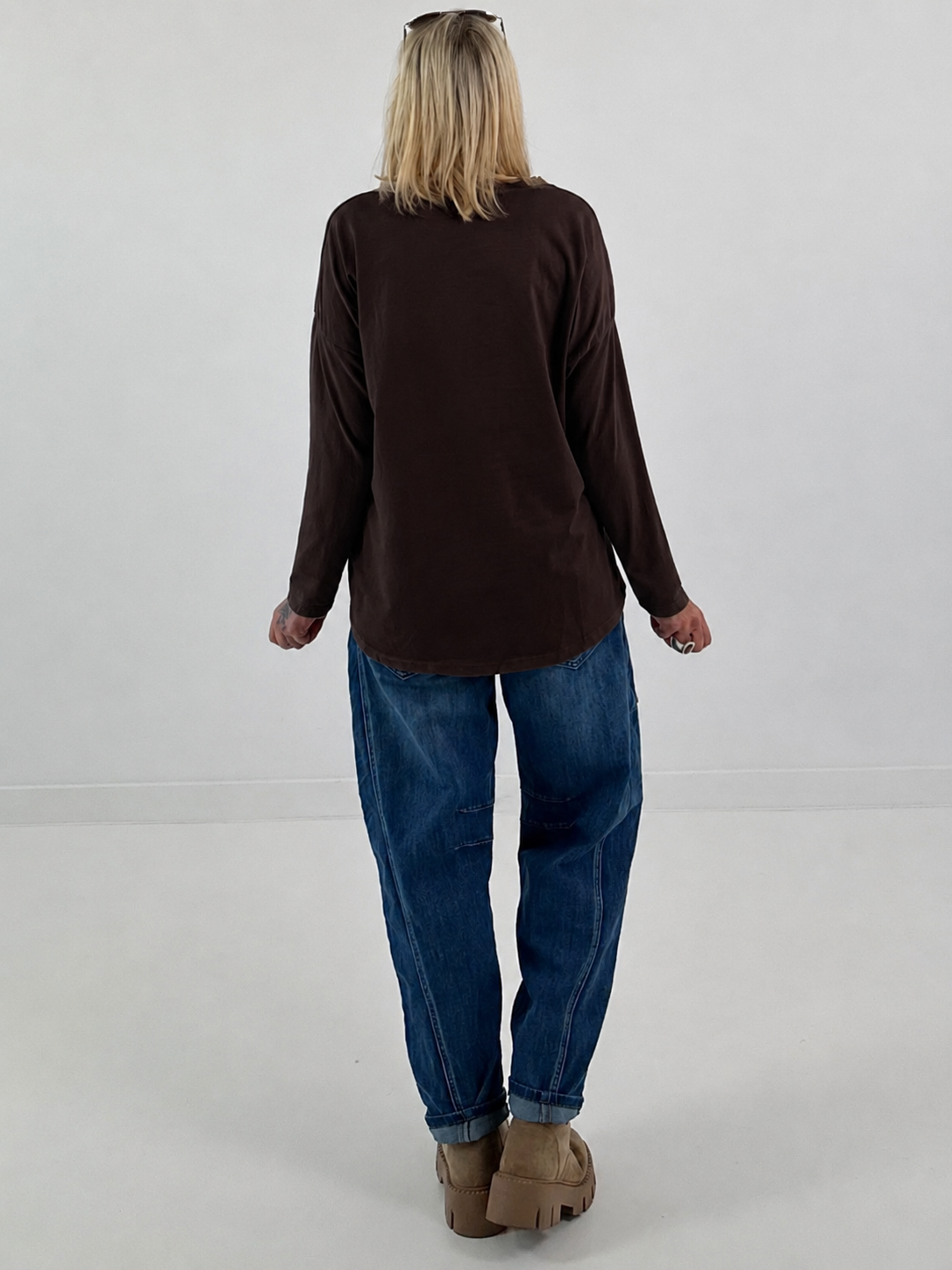Feinkord Shirt mit Sweati Armen und Rücken - mokka