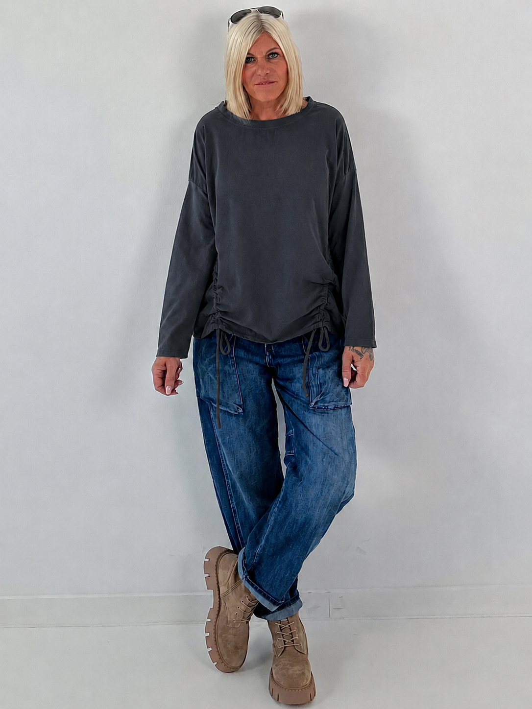 Feinkord Shirt mit Sweati Armen und Rücken - anthrazit