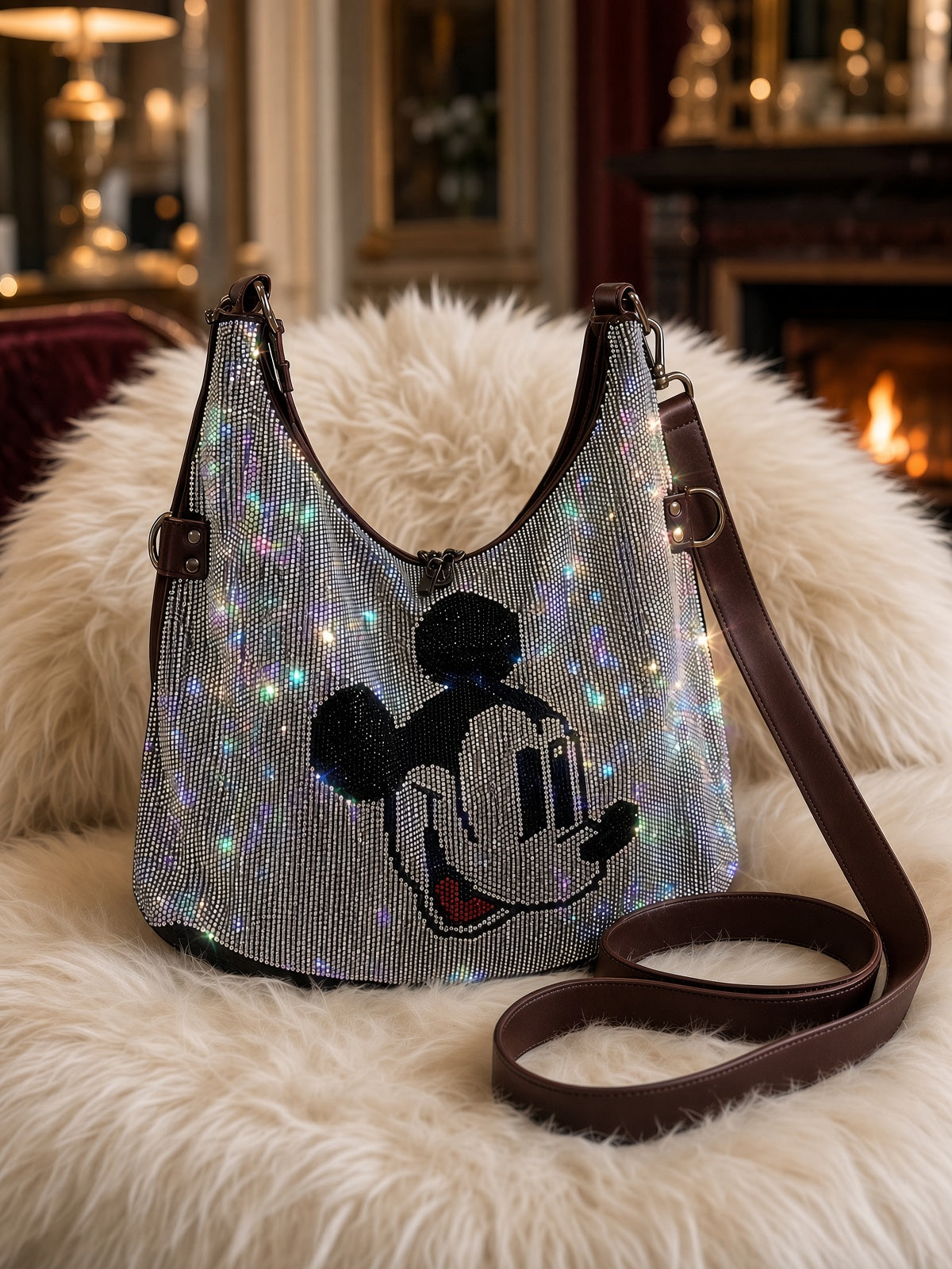 Stylish bag with rhinestone details - mocha-silver