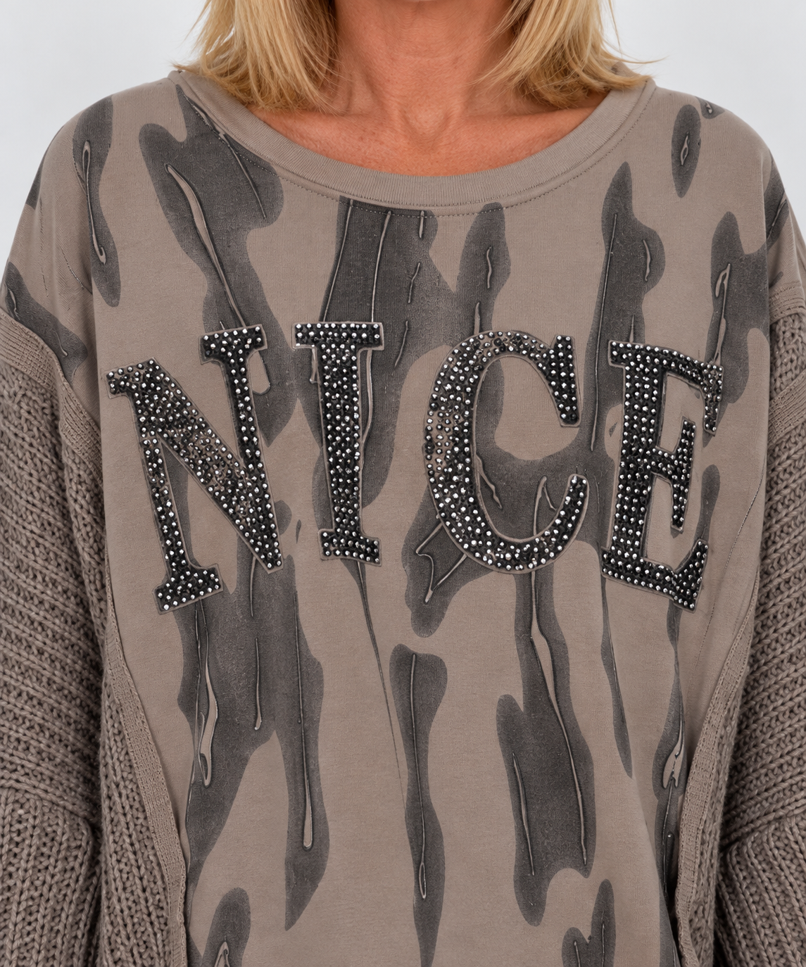 Sweater Nice mit Strickeinsätzen - taupe