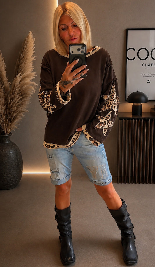 Sweatshirt mit trendigen Leo Sternenelementen - mokka