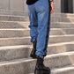 Boyfriend Jeans im Materialmix mit Paillettenapplikationen - denim-schwarz