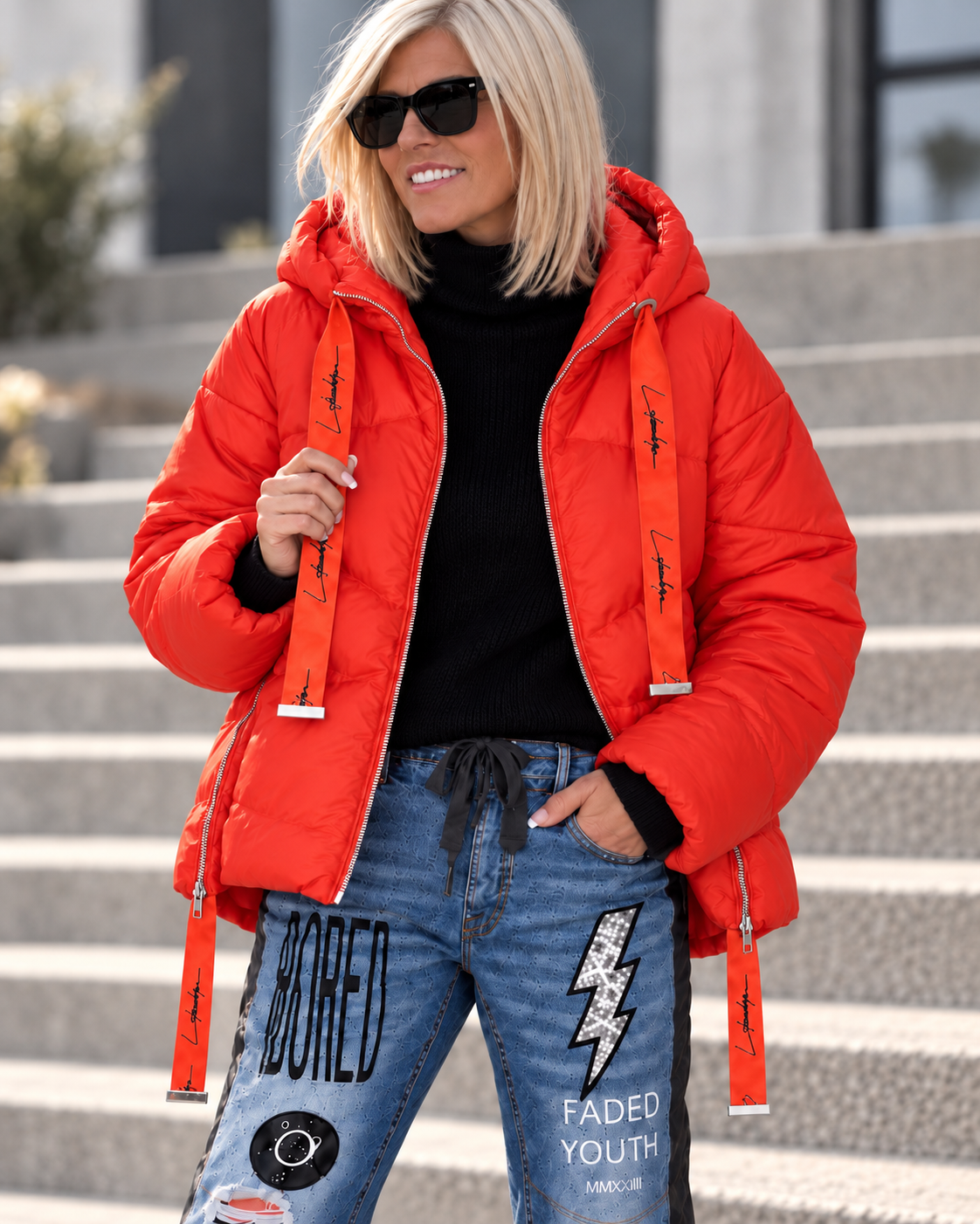 Daunenjacke mit Kapuze - orange