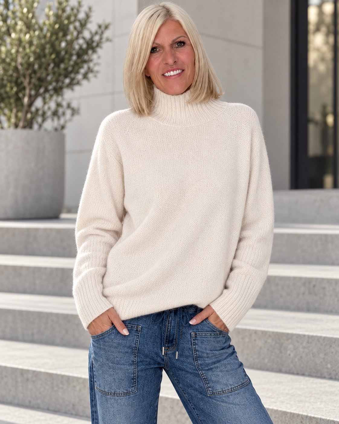 Weicher Pullover mit Stehkragen - beige
