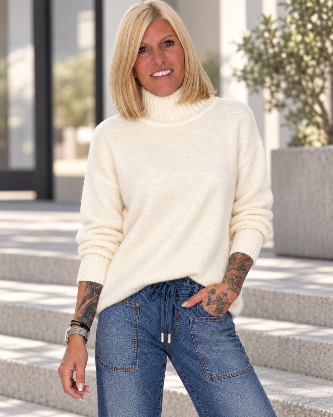 Weicher Pullover mit Stehkragen - creme