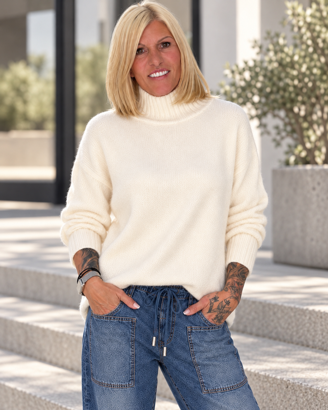 Weicher Pullover mit Stehkragen - creme
