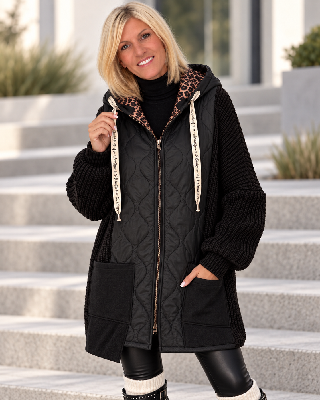 Oversized jacket in a mixed material design - black