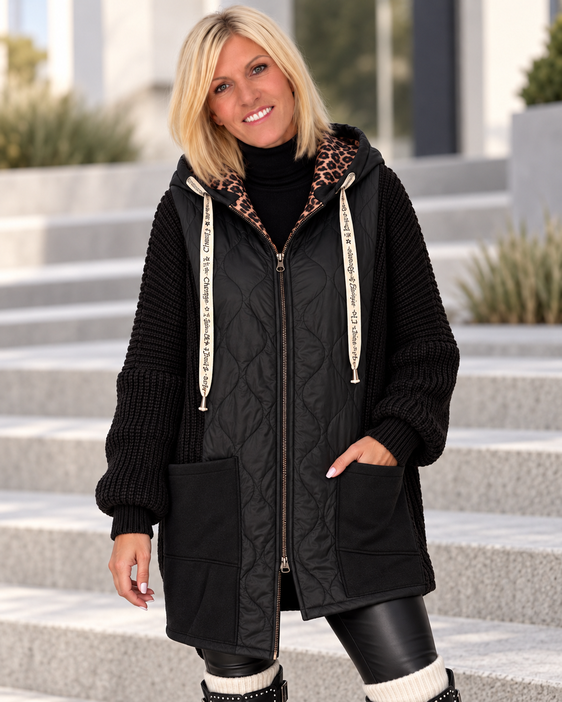 Oversized jacket in a mixed material design - black