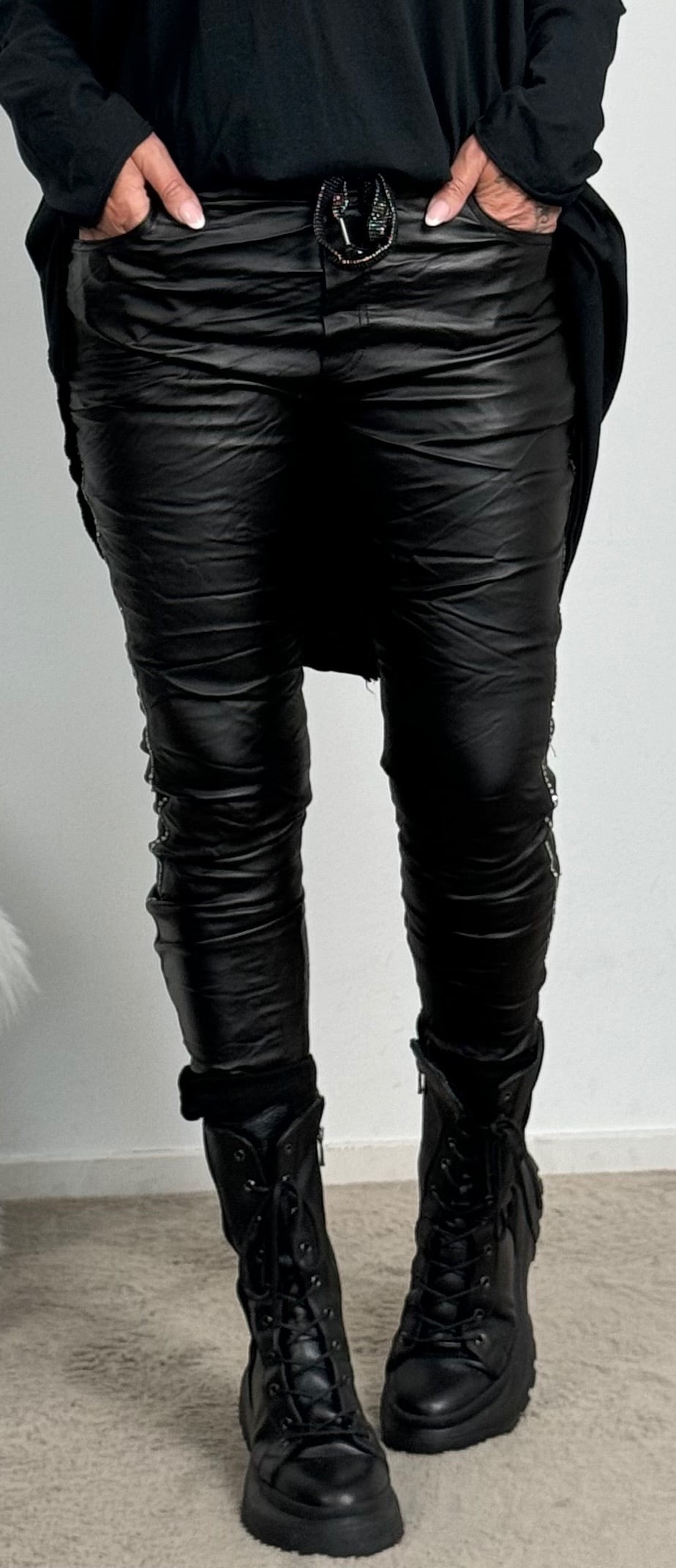 Imitation leather trousers with side rhinestones "Zora" - black