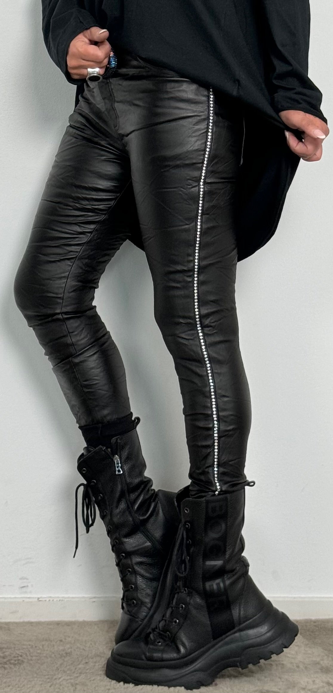 Imitation leather trousers with side rhinestones "Zora" - black