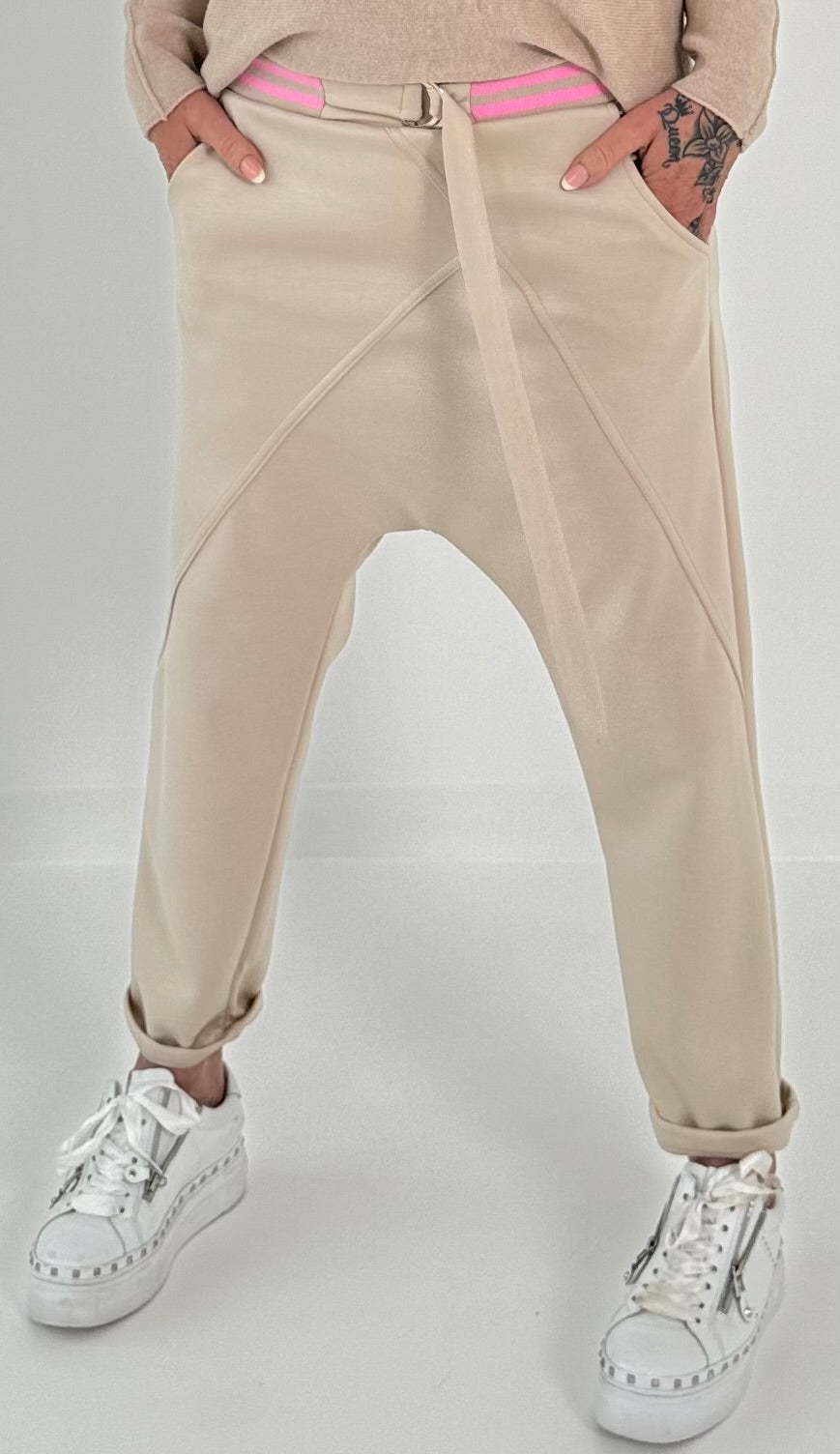 Baggy pants with two-tone waistband model "Spring Time" - beige