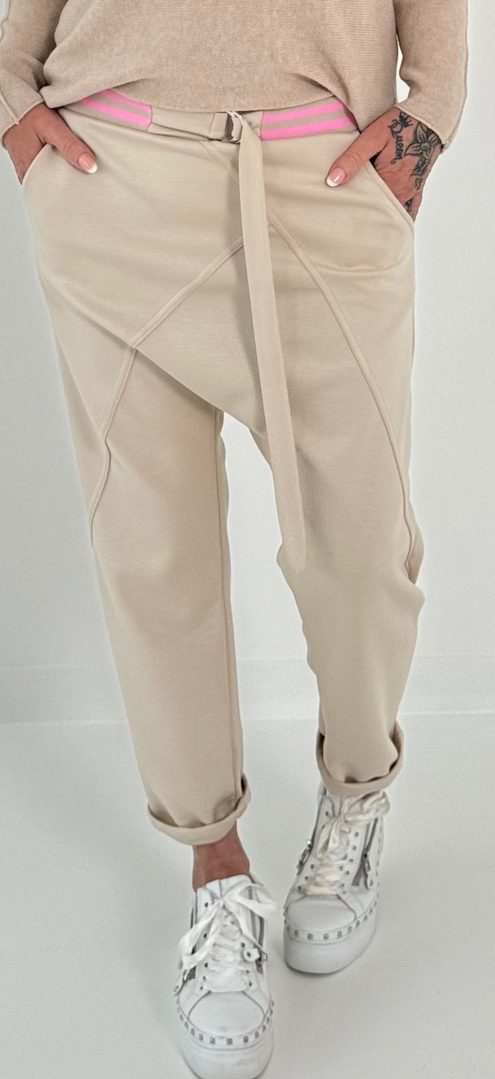 Baggy pants with two-tone waistband model "Spring Time" - beige