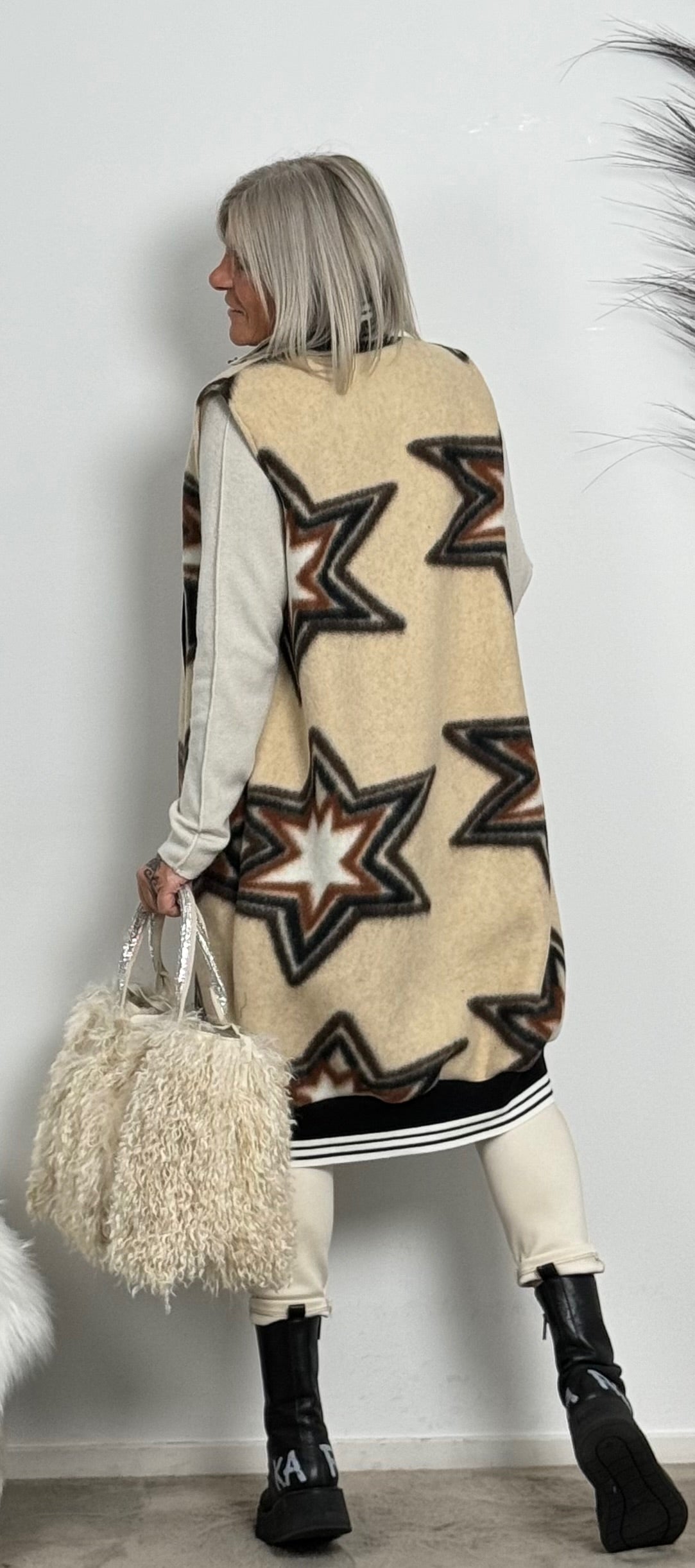 Fleece Weste mit breiten Bündchen "Star"- beige-mehrfarbig