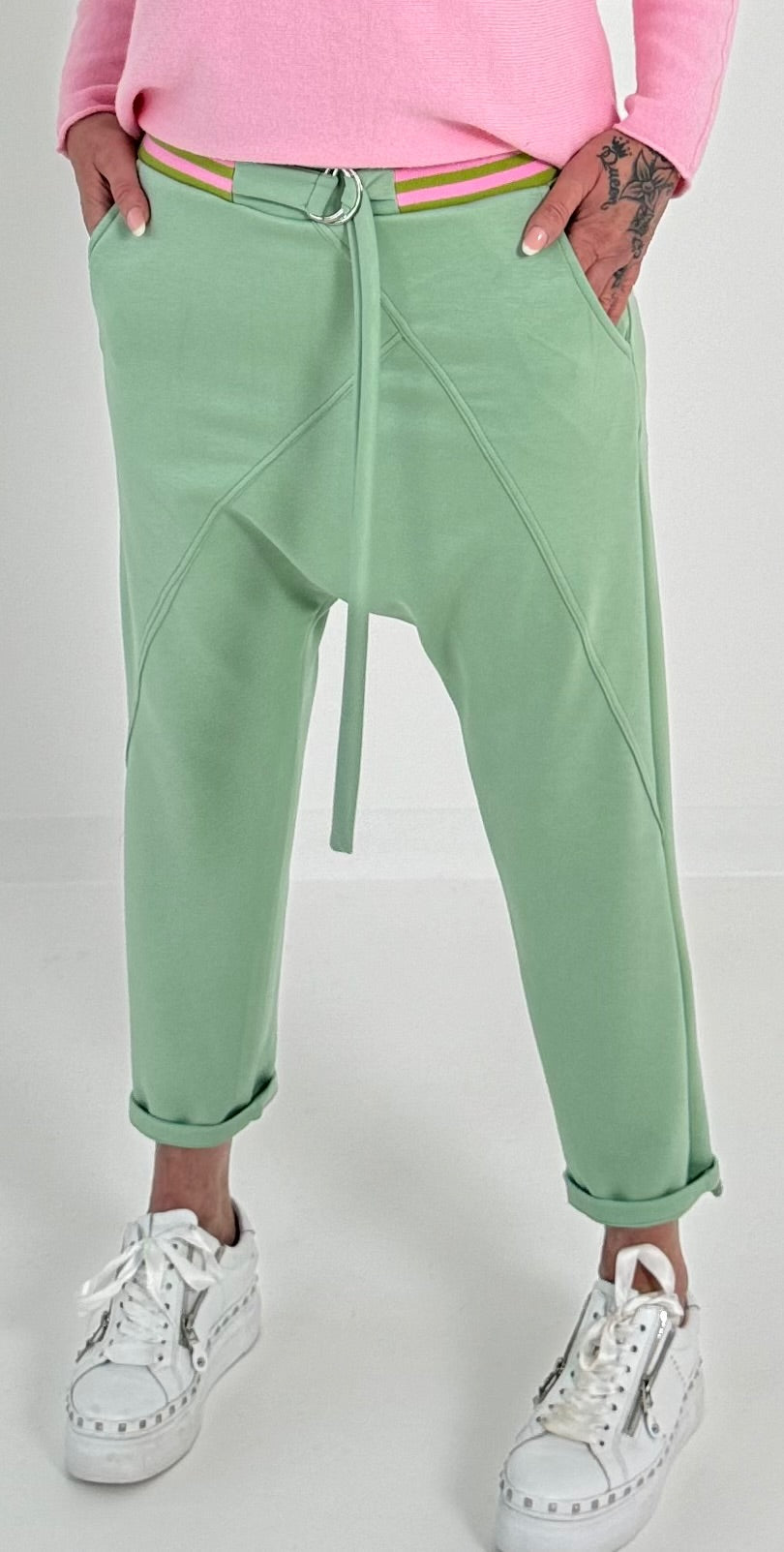 Baggy broek met tweekleurige tailleband model "Spring Time" - limegroen