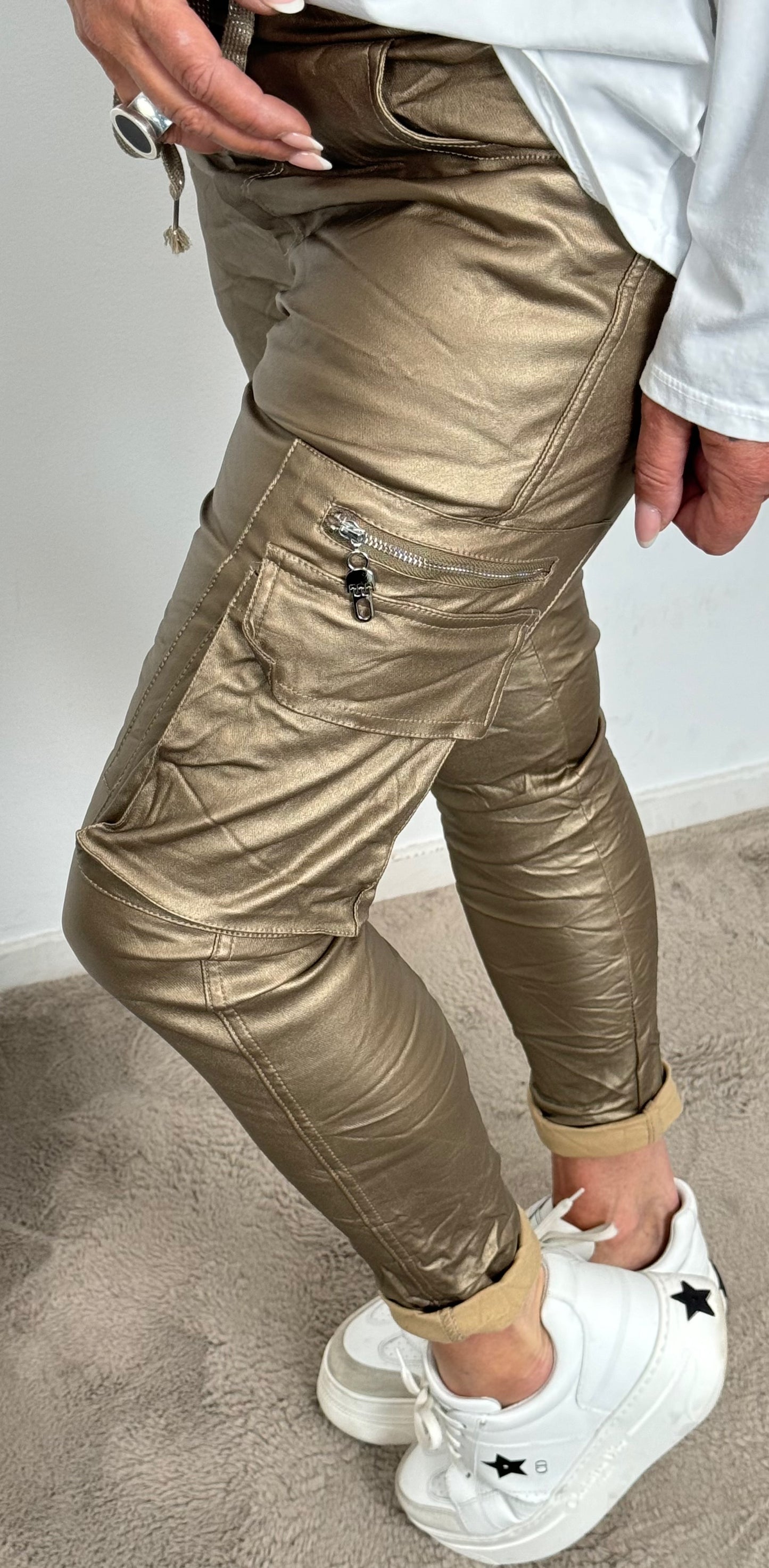 Imitation leather trousers with side cargo pockets "Lora" - gold