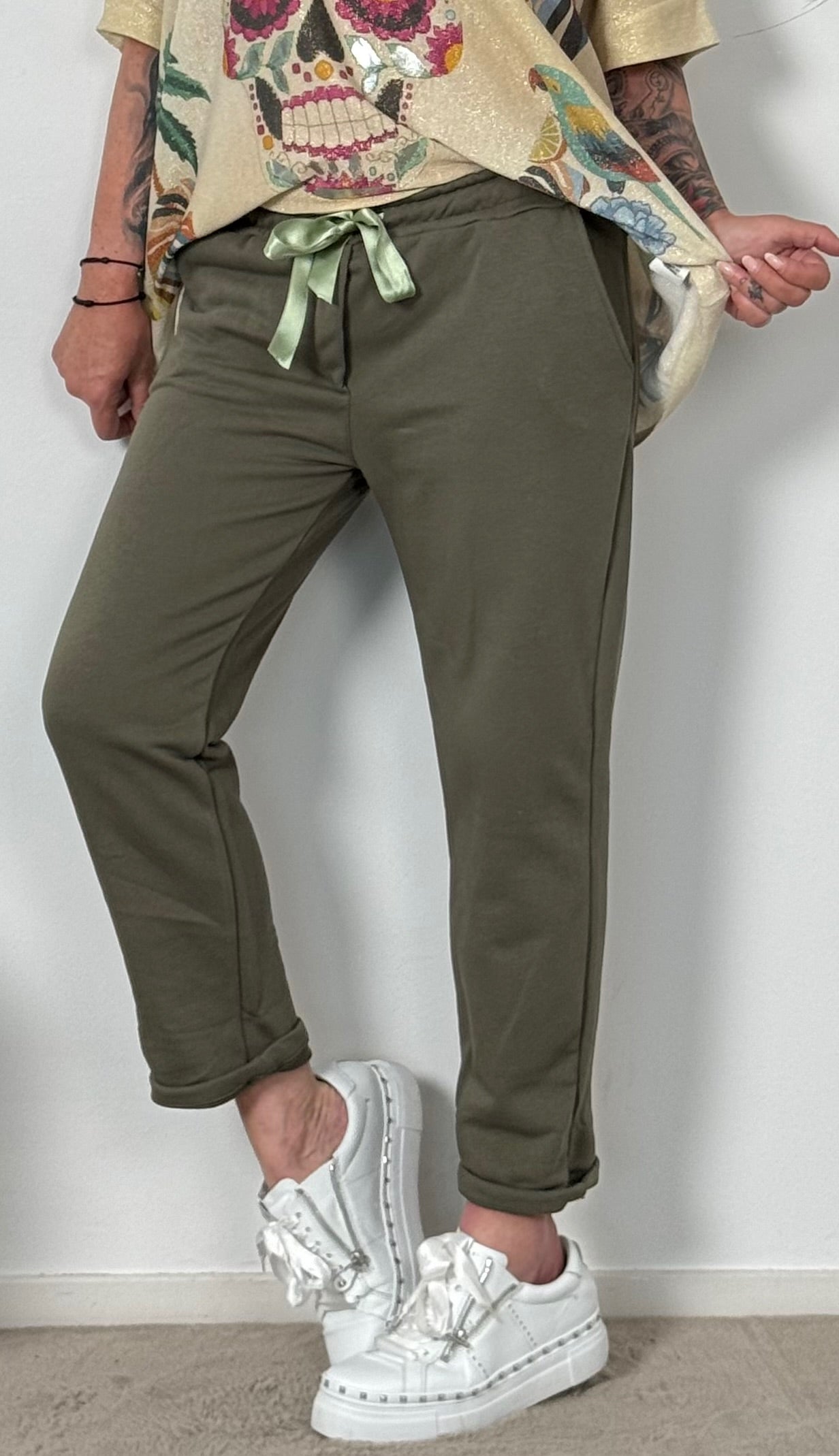 Sweatshirt pants with satin ribbons "Lena" - khaki