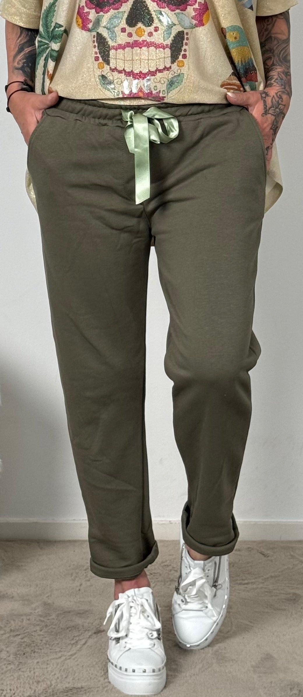 Sweatshirt pants with satin ribbons "Lena" - khaki