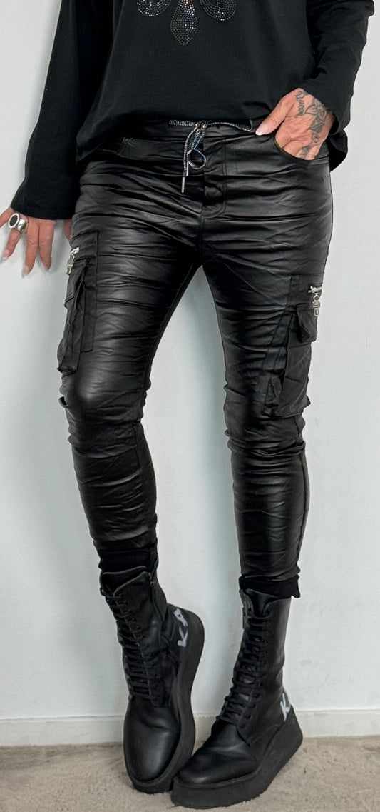 Imitation leather trousers with side cargo pockets "Lora" - black