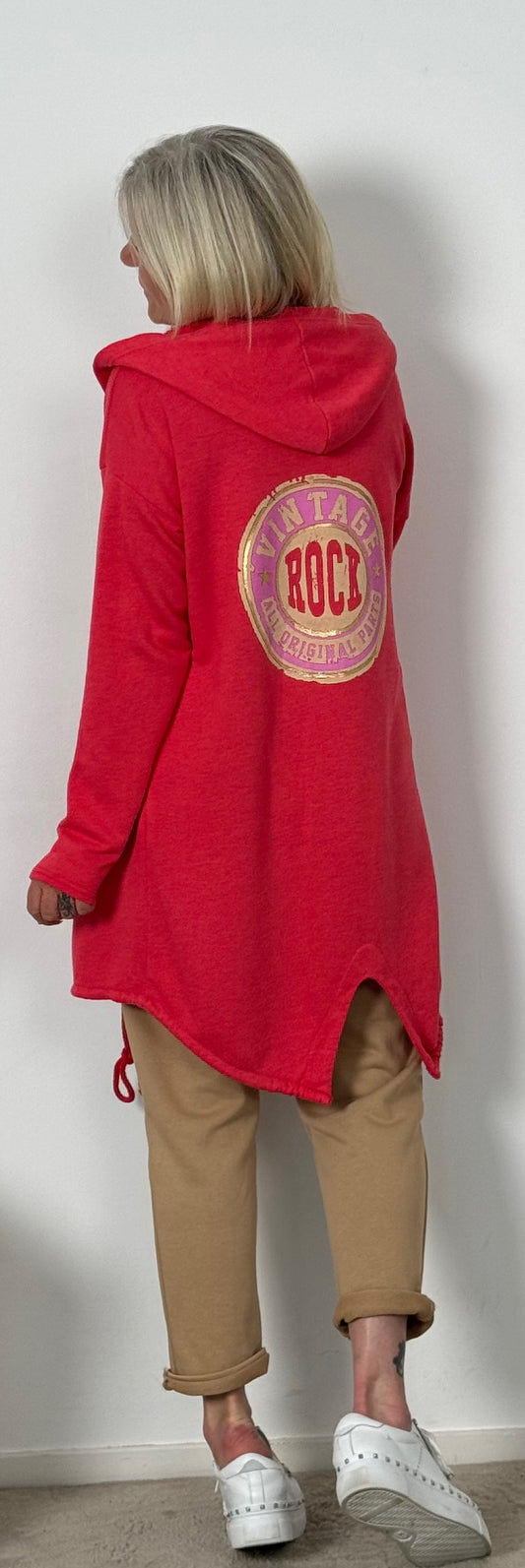 Sweatshirt Mantel mit Kapuze "Vintage" - korallenrot