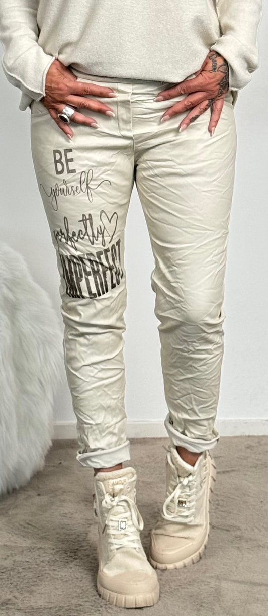 Imitation leather trousers "Be Yourself...." - beige