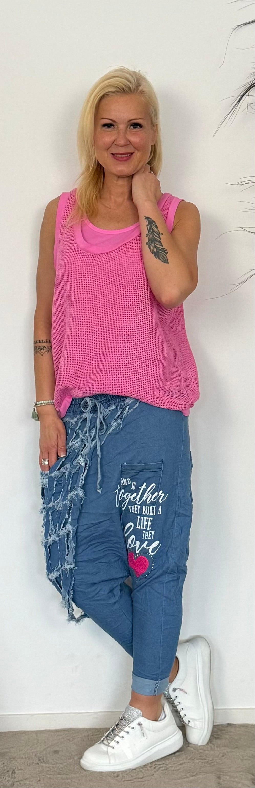 2 in 1 top met mesh shirt "Nora" - roze