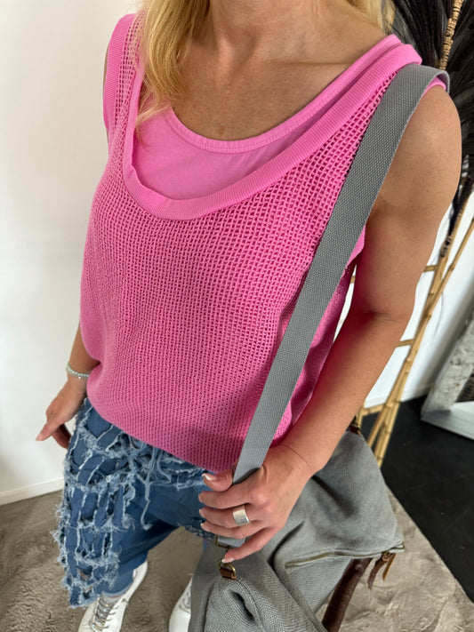 2 in 1 top met mesh shirt "Nora" - roze