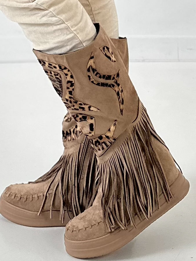 Laarzen met franjes model "Pocahontas" - taupe-leo