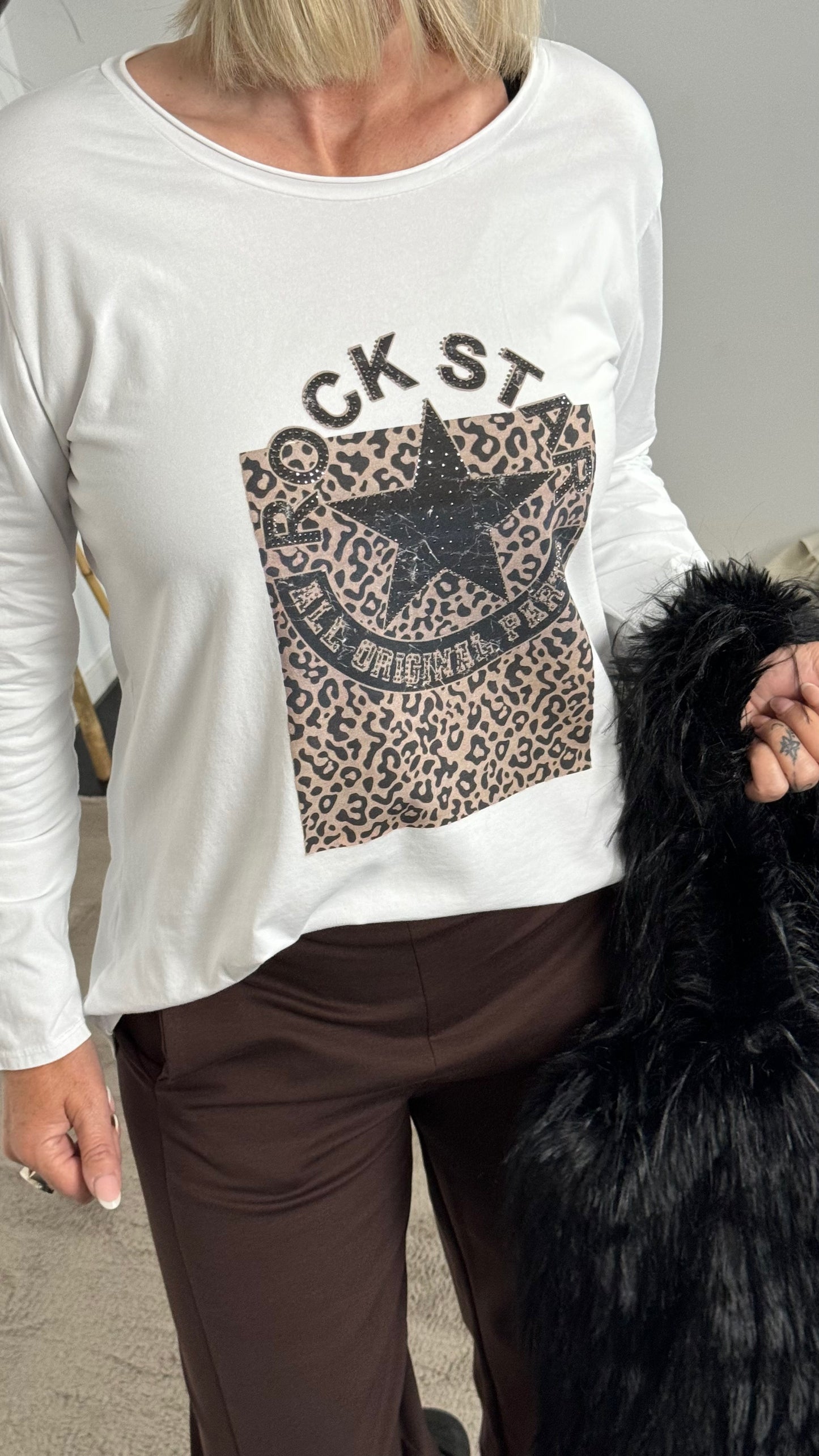 Shirt mit Glitzersteinchen "Rock Star" - weiss-schwarz