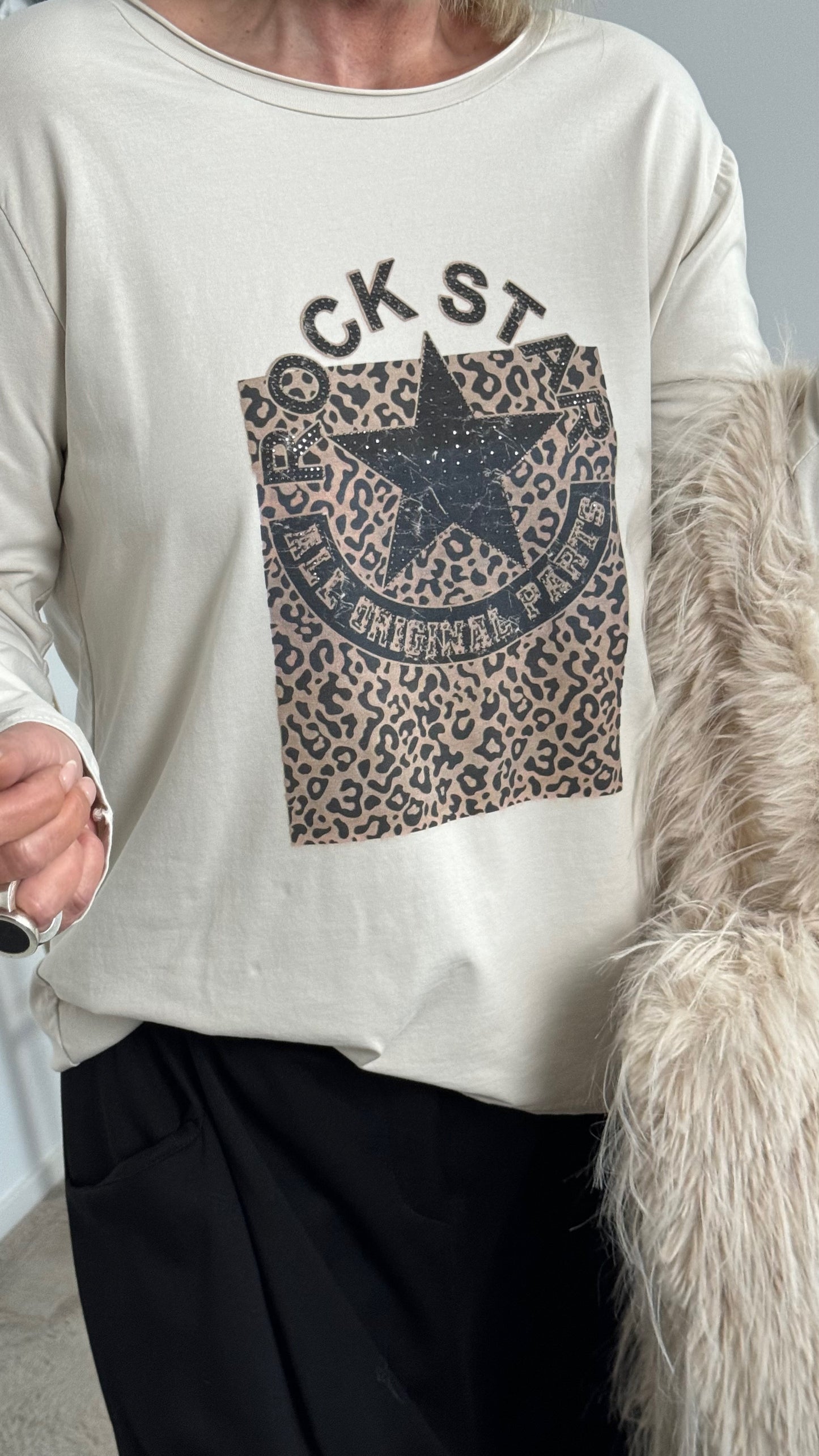 Shirt met strasssteentjes "Rock Star" - beige-zwart