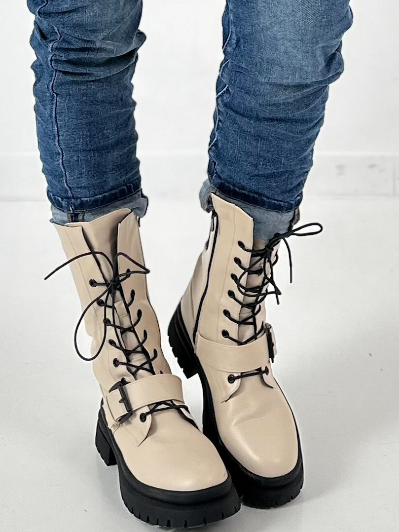 Bootie model "Buckle Down" - beige-black