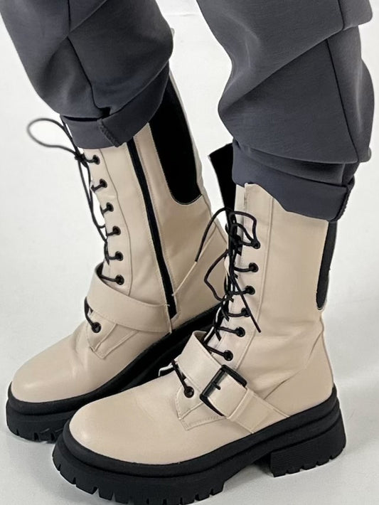 Bootie model "Buckle Down" - beige-black