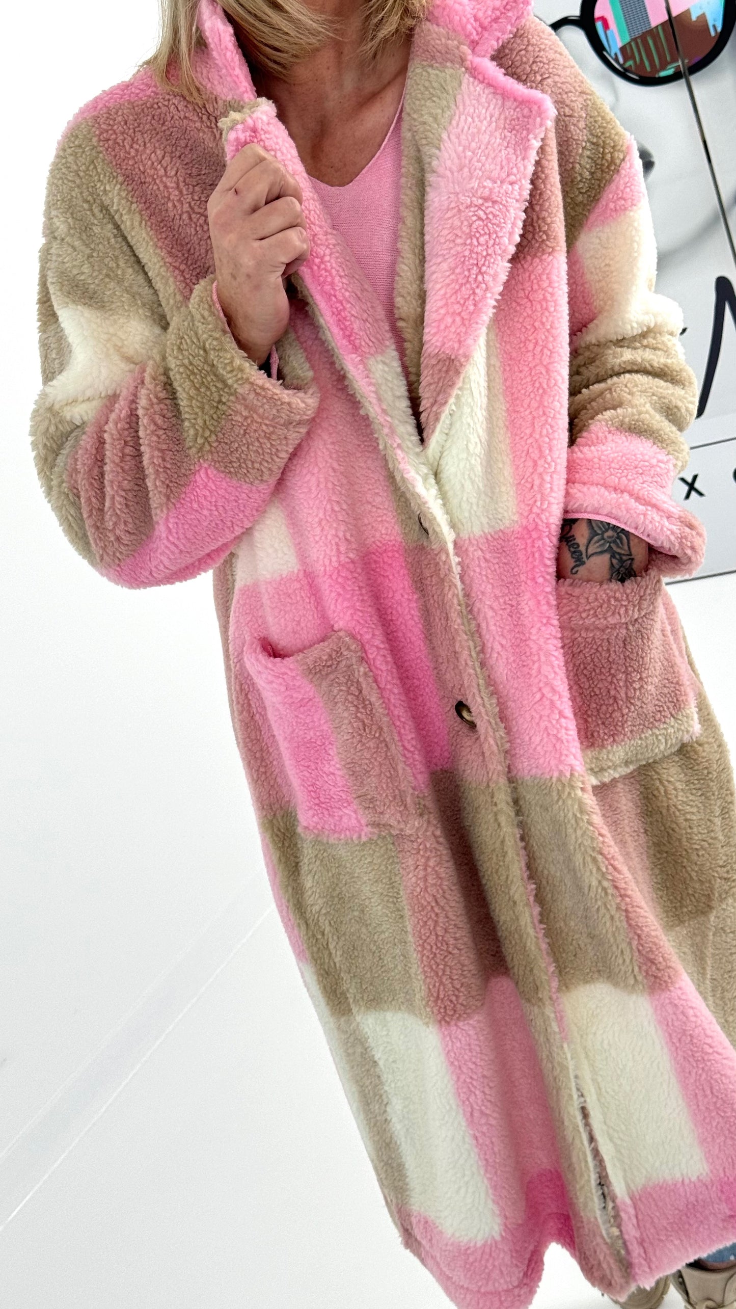 Teddy coat model "Coco" - pink-checked