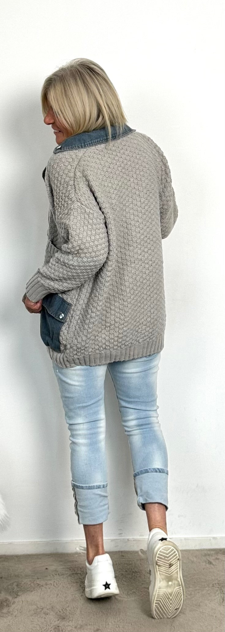 Strickjacke mit Jeanselementen "Cleo" - grau-denim