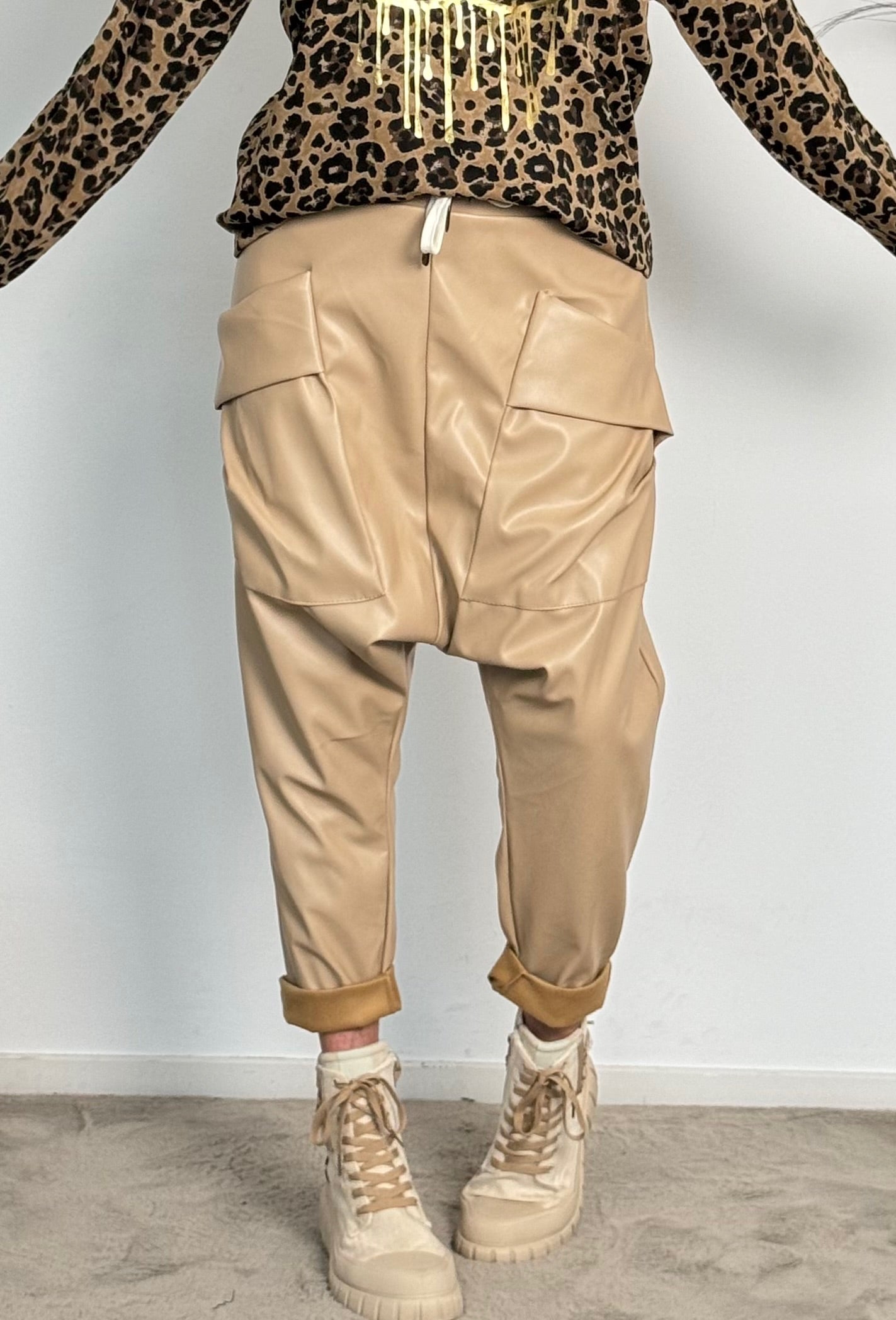 Imitation leather baggy pants "Gorgina" - beige